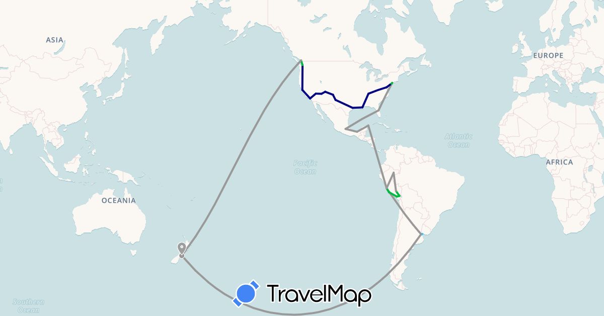 TravelMap itinerary: driving, bus, plane, boat in Argentina, Canada, Mexico, New Zealand, Peru, United States, Uruguay (North America, Oceania, South America)